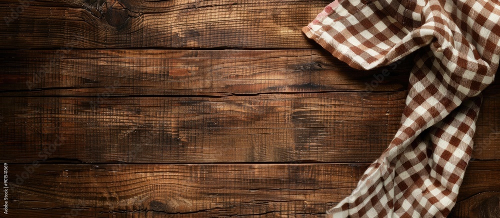 Poster old brown wooden surface with a checkered napkin creating a rustic backdrop for copy space image.
