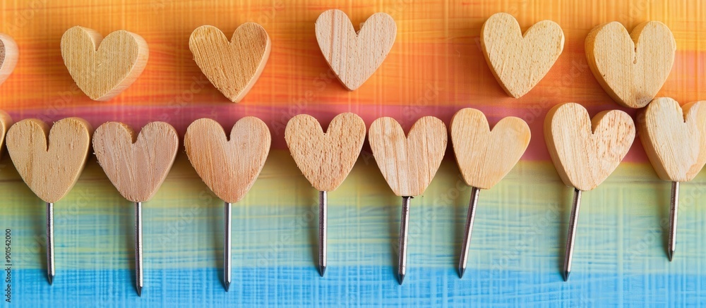 Poster heart-shaped wooden pegs displayed on a colorful backdrop with ample copy space image.