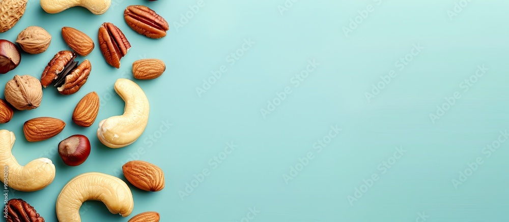 Poster organic mixed nuts arranged in a flat lay composition on a colored background with copy space image.