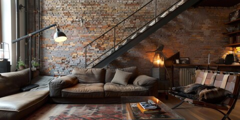 Loft Living: Modern Interior Design with Brick Wall, Staircase, and Stylish Sofa