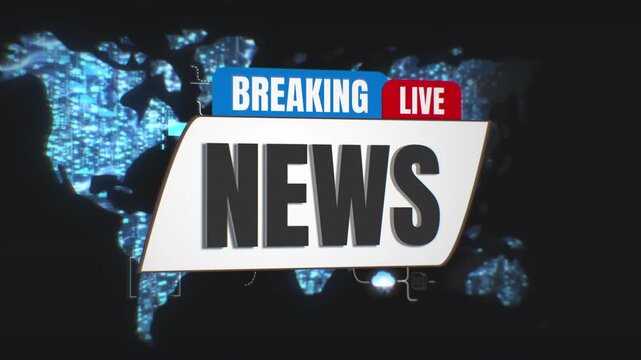 Breaking news headline animation in front of digital world map with networks, international press, new technology