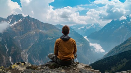 Fototapeta premium Looking at Mountains. Holiday Maker Sitting and Admiring the Majestic Landscape