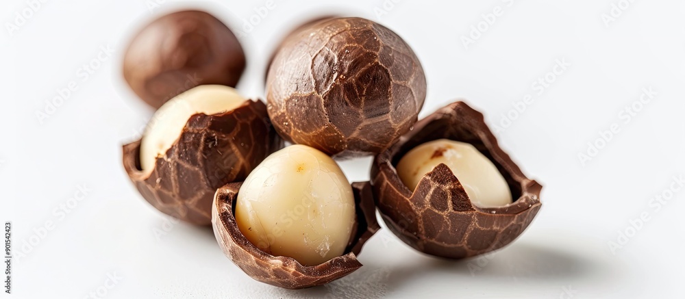 Poster macadamia nut half shell on a white background with ample copy space image.