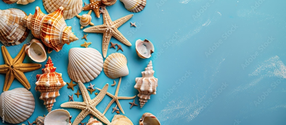 Aufkleber top view of a flat lay composition featuring a variety of sea shells and starfish on a colored table