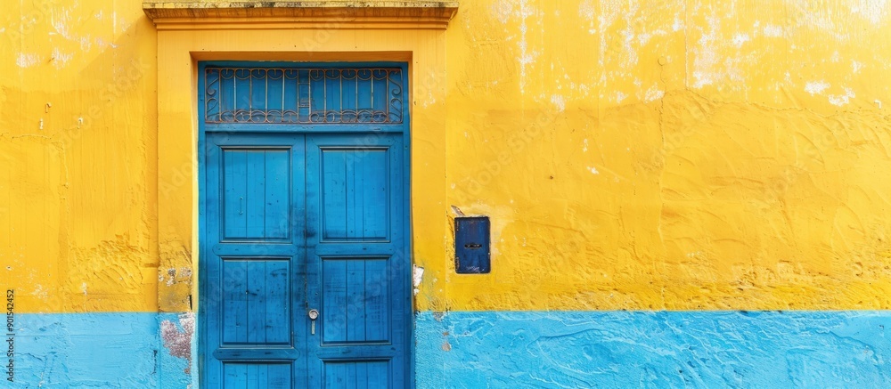 Poster retro style building with yellow and blue walls resembling old-fashioned design, creating a backgrou