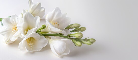 Fototapeta premium White Freesia with copy space image for St. Valentine's Day, birthdays, weddings, engagements, and other holiday themes.