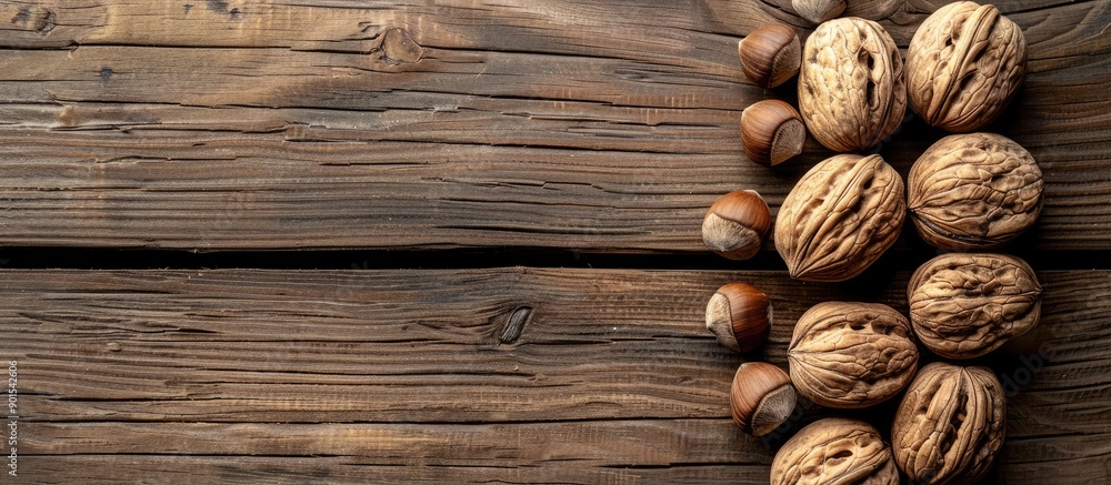 Aufkleber walnuts arranged on a wooden surface with a spot for text in a flat lay composition with copy space 