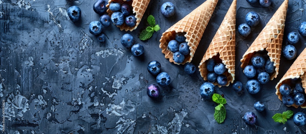 Aufkleber top-down view of waffle cones with blueberries and fresh mint on a textured rustic backdrop, featuri