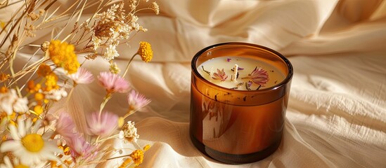 Handmade soy wax candle in an amber glass adorned with dried flowers, set against a beige background, featuring copy space image.