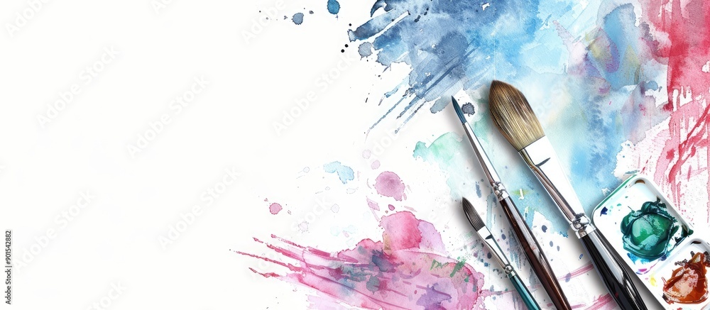 Poster watercolor palette and paintbrush set displayed against a white backdrop with a clear area suitable 