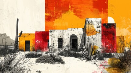 Contemporary Art Collage of Oranjestad's Dutch Colonial Buildings and Arid Landscape

