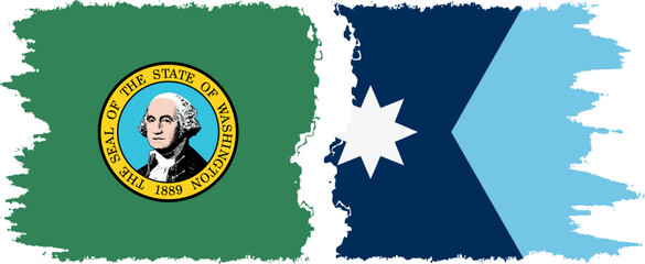 Minnesota 2024 and Washington states grunge brush flags connection, vector
