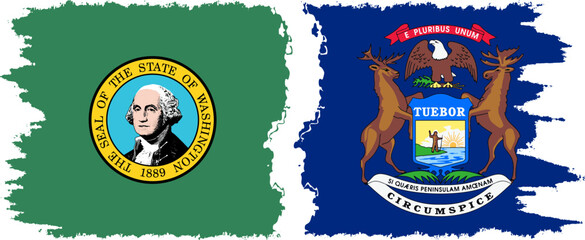 Fototapeta premium Michigan and Washington states grunge brush flags connection, vector