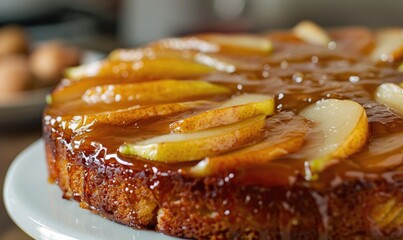 Pear upside-down cake, golden and caramelized