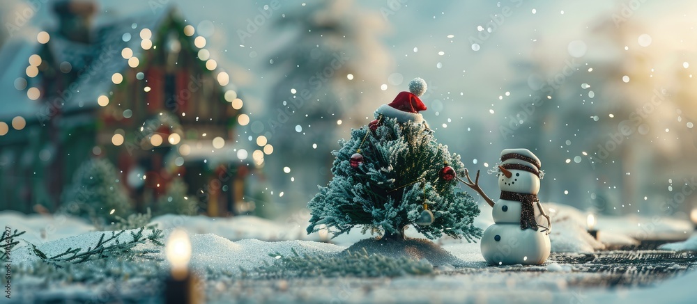 Poster winter-themed scene with a tiny snowman transporting a christmas tree from an enchanting forest to a