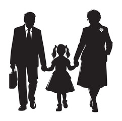 grandparents walking with granddaughter Silhouette  vector Illustration icon