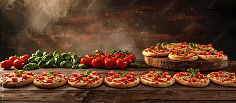 Poster mini pizzas displayed on a wooden table with a classic pizza background setting, allowing for copy s
