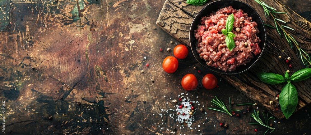Poster top view of a delicious serving size of minced meat on a table with a rustic food background, perfec