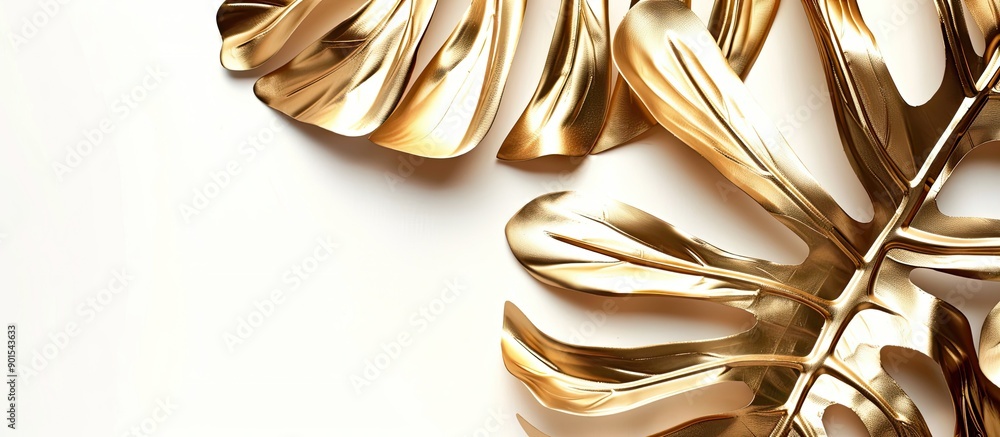 Poster top view of a gold monstera leaf plant frame isolated on white, presenting an abstract style with am