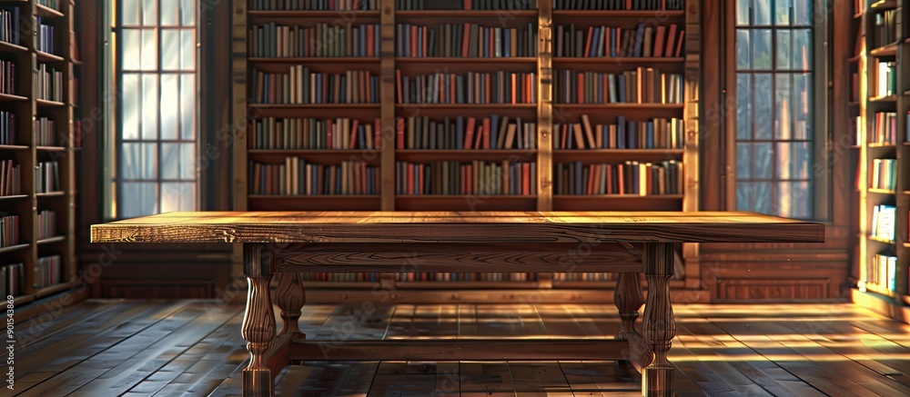Poster wooden table in a quiet library setting. ample room for creating with a blank area for a potential i
