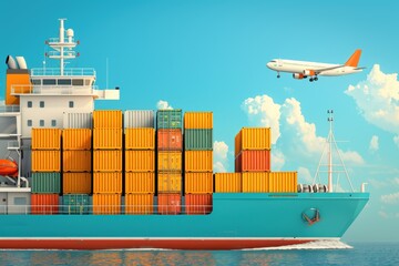 Obraz premium Cargo ship carrying goods in colorful shipping containers, airplane delivering freight, global transportation concept
