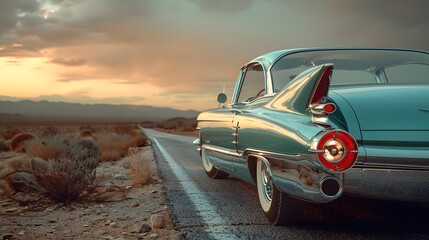 Emerald green classic car on desert highway, vintage American automobile, rear view, tail lights, open road, arid landscape, cloudy sky, golden hour lighting.