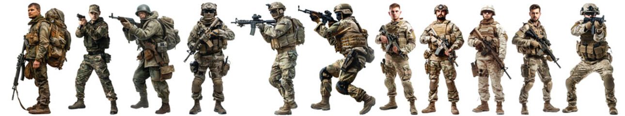 Fototapeta premium Pack of soldier armed and vigilant stands ready to defend and protect set