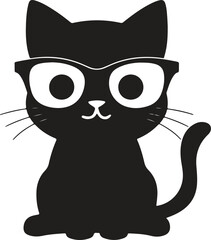 cute cat with sitting wearing glasses black silhouette vector illustration