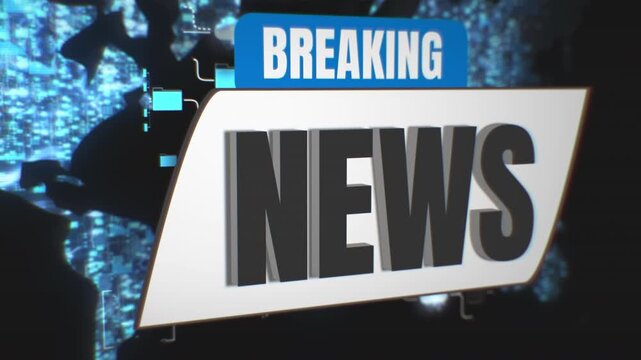 Breaking News headline banner logo in front of digital earth map network, 3D animation on black