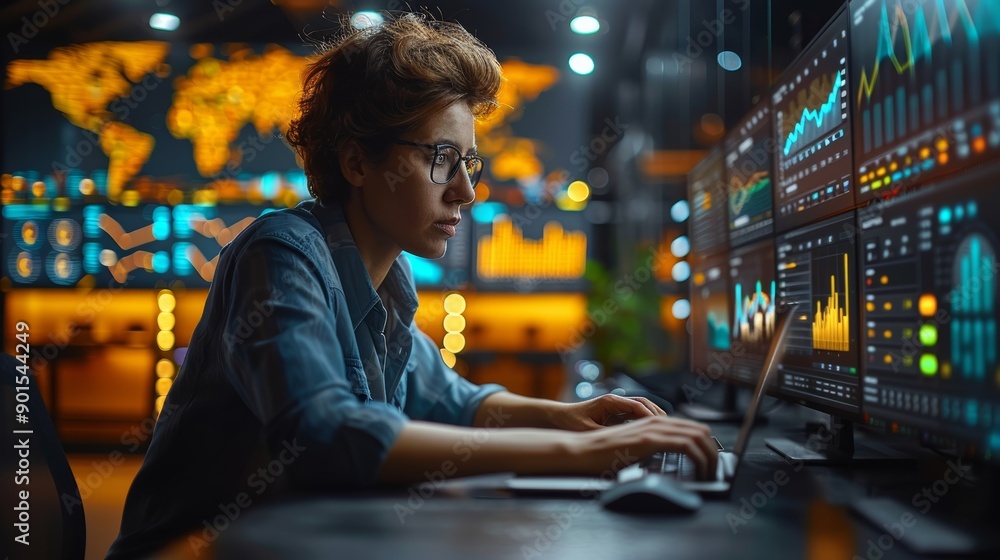 Poster focused analyst analyzing financial data metrics in a modern office environment at night. generative