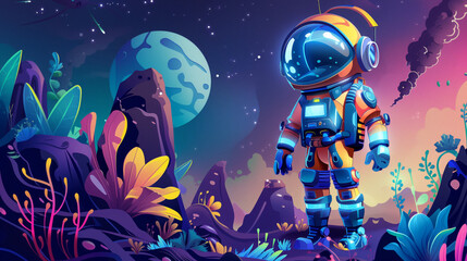 Illustration art of a astronaut on alien fictional planet with abstract plants and planets in the space cosmos. Cosmonaut in helmet science discovery background in colorful bright fantasy dream.  