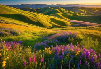 Fototapeta premium scenic rolling hills covered vibrant blooming wildflowers under clear blue sky, landscape, meadow, field, nature, scenery, pasture, flora, grassland