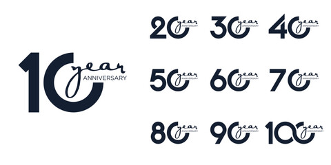 collection anniversary 10 to 100 year logo designs. abstract number for celebration event, wedding, greeting card, and invitation, vector illustration