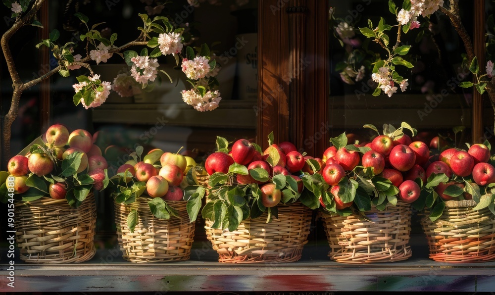 Poster store display with baskets of apples