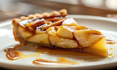 Slice of apple tart topped with caramel sauce