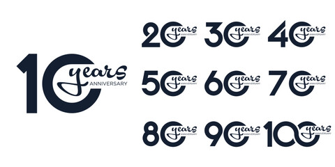collection anniversary 10 to 100 year logo designs. abstract number for celebration event, wedding, greeting card, and invitation, vector illustration