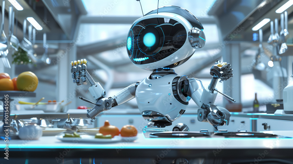 Poster abstract ai artificial intelligence automated futuristic cyber metal chrome white robot cooks in the