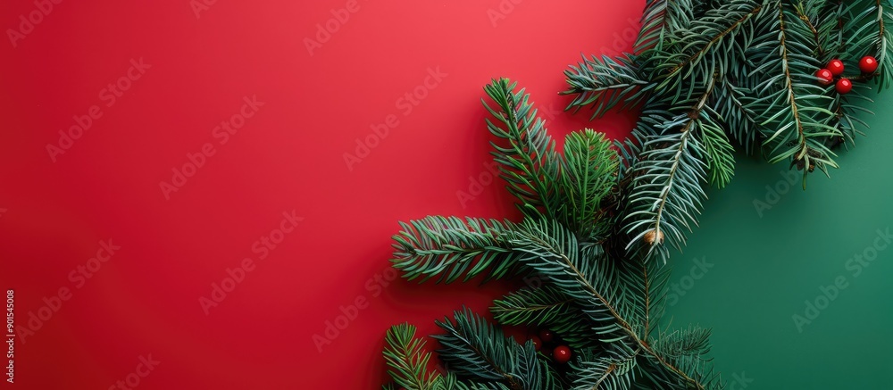 Aufkleber top view of a christmas tree branch on a background of red and green colors, providing copy space fo