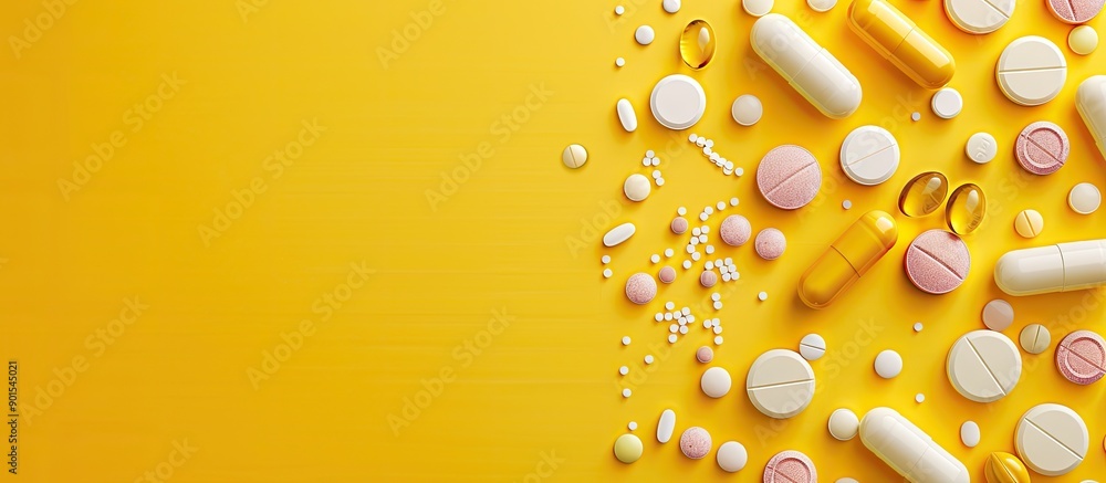 Poster various medications displayed on a yellow background with space for additional elements in the image