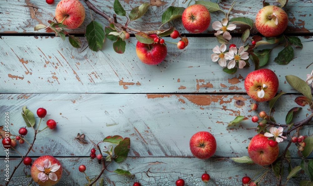 Poster top view of a rustic wooden table with various autumn apple varieties