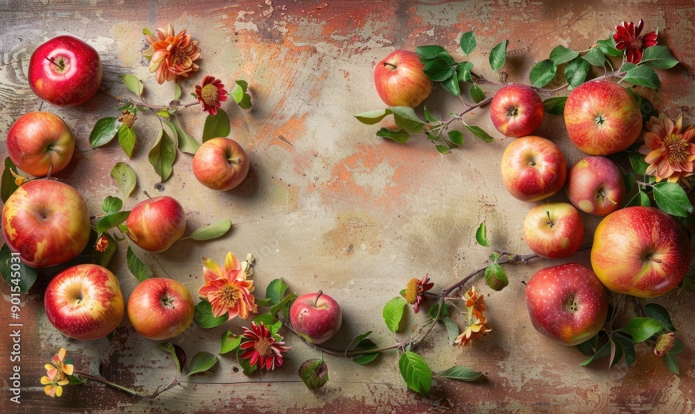Poster top view of a rustic wooden table with various autumn apple varieties
