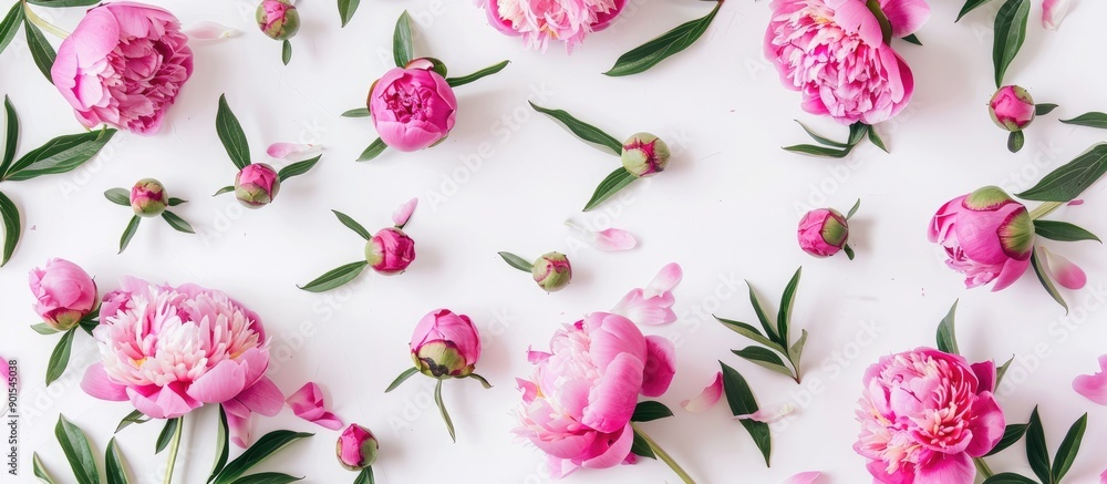 Poster top-down view of pink peonies on a white backdrop offering ample copy space for text in a flat lay c