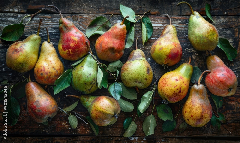 Poster top view of assorted pears on a rustic wooden table