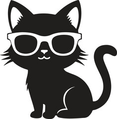 cute cat with sitting wearing glasses black silhouette vector illustration