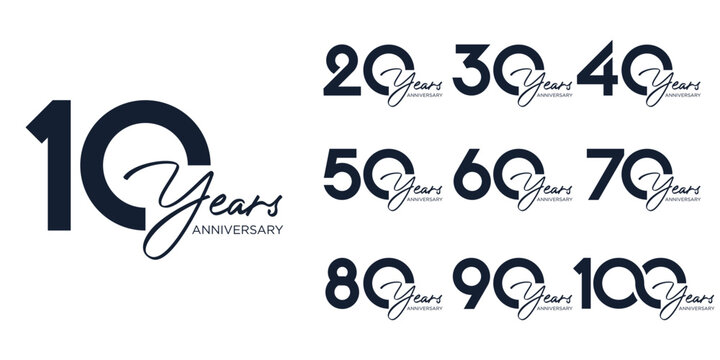 collection anniversary 10 to 100 year logo designs. abstract number for celebration event, wedding, greeting card, and invitation, vector illustration