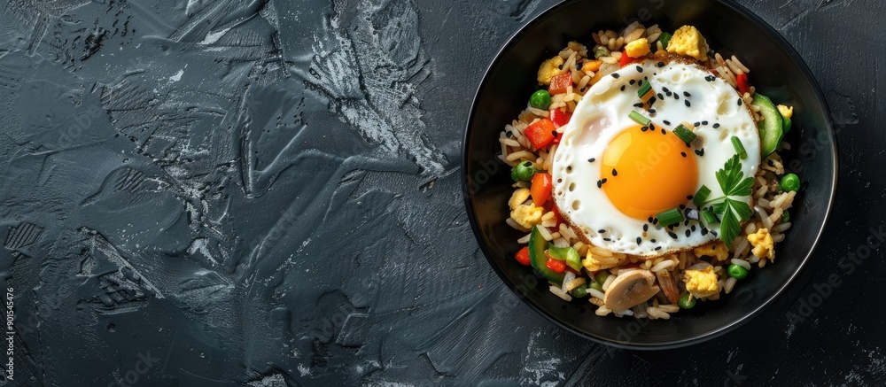Poster top view of asian fried rice with vegetables and egg on a dark slate background with copy space imag