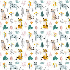 Seamless pattern with leopards. Wild nature, animals, plants, flowers, berries on white. Hand drawn design in Scandinavian style. Vector illustration.