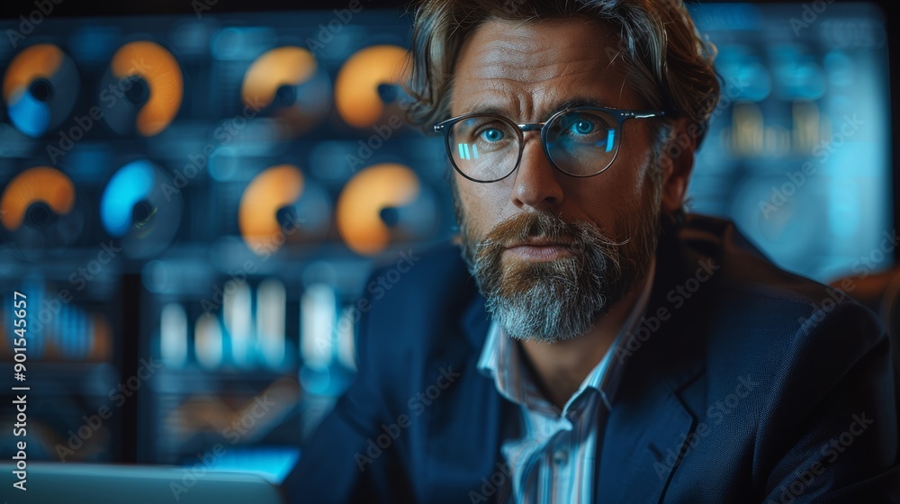 Poster professional man analyzing data in a modern office environment during evening hours. generative ai