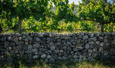 Vineyard with a stone wall and grapevines