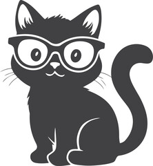 cute cat with sitting wearing glasses black silhouette vector illustration